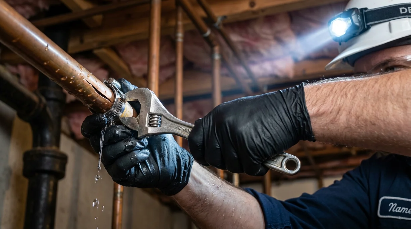 Emergency pipe clamp repair being performed by a Johns Plumbing LLC plumber in Ashby
