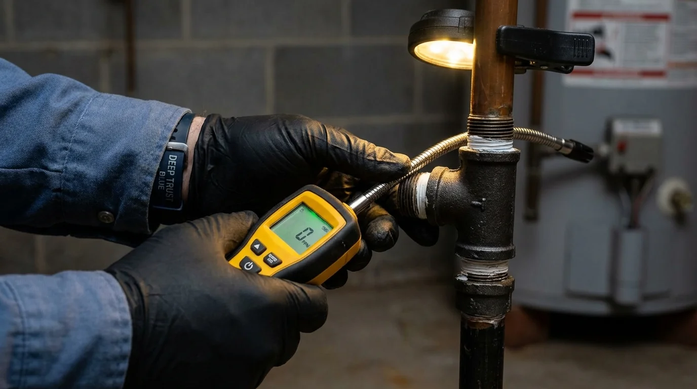 Gas leak detection with electronic sniffer by Johns Plumbing LLC in Ashby