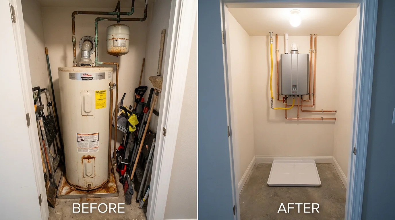 Tank water heater versus wall-mounted tankless unit comparison for Ashby, MA homeowners