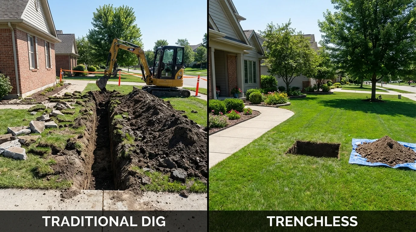Trenchless sewer repair with minimal yard damage versus traditional excavation in Ashby, MA