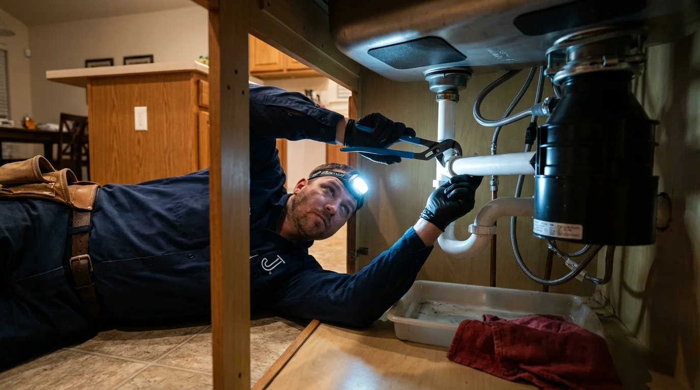 P-trap and supply line connections under a kitchen sink showing a common leak point in Ashby, MA